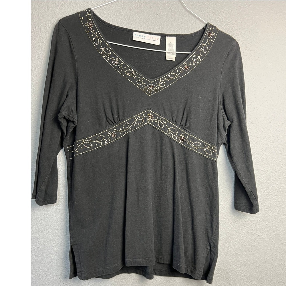 First Issue Liz Claiborne Babydoll Black Embroidered Beaded V-Neck 3/4 Sleeve Md